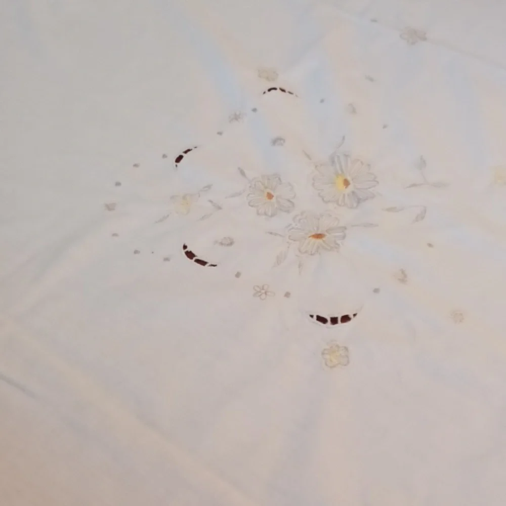 vintage cream embroidered tablecloth rectangular floral cutwork  cottagecore